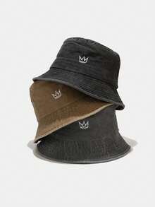 1pc Vintage Washed Bucket Hat, Minimalist Crown Embroidered Sun Hat, Unisex Casual Outdoor Bucket Hat - A - View 3
