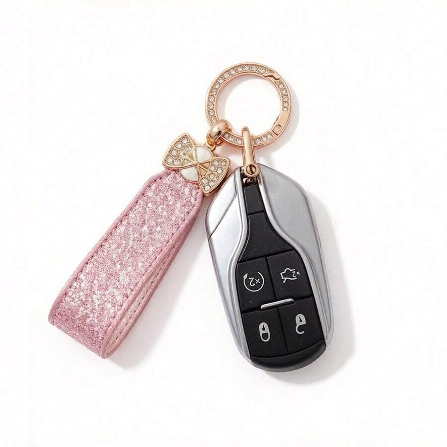 1 pieza Llavero de coche creativo con strass, estilo francés, anillo de llave de coche, colgante de mariposa con herrajes, adorno colgante exquisito, llavero versátil para mujeres - Llavero con incrustaciones de diamantes - Ver 1