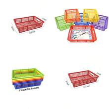 Podzly Colored Storage Bins - Set of 6 Stackable Rainbow Rectangle Baskets for Teacher or Student Paper Trays Classroom Library Toy Cubby Desk and Office Table Organization 13 x 9.75 x 3 Inches - rojo amarillo naranja morado azul verde - Ver 1