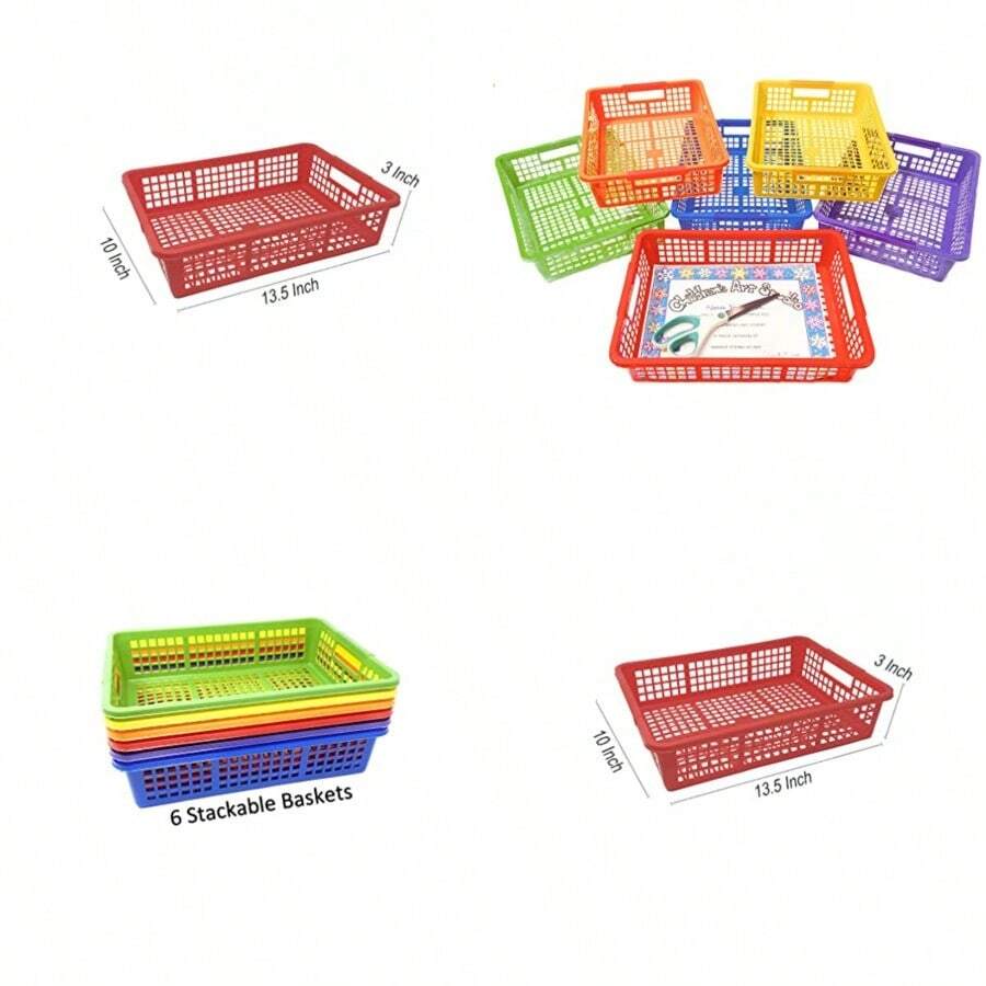 Podzly Colored Storage Bins - Set of 6 Stackable Rainbow Rectangle Baskets for Teacher or Student Paper Trays Classroom Library Toy Cubby Desk and Office Table Organization 13 x 9.75 x 3 Inches - rojo amarillo naranja morado azul verde - Ver 1