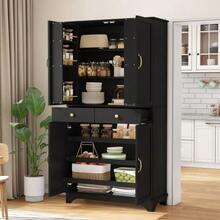 Tall Cabinet With Adjustable Shelves And Drawers, Bookcase With Sliding Shelves And Refrigerator Doors, Ideal For The Dining Room, Living Room And Kitchen (White) - Black - View 4