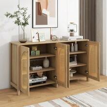 Modern Minimalist Sideboard With 4 Rattan Doors And Metal Handles; Simple Storage Unit For Dining Room, Living Room Or Kitchen (White) - 自然色 - 查看 6