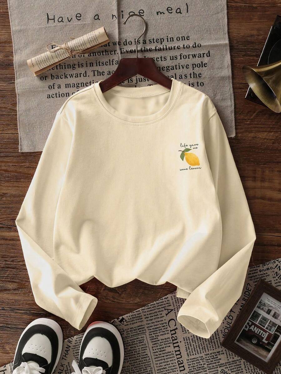 Tween Girl 1pc Printed Long Sleeve T-Shirt, Suitable For Tween Girls' Autumn/Winter Tops, Young Student Children's Clothing, Suitable For Outerwear And Layering - Apricot - View 1