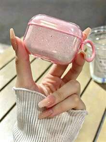 1pc Pink Glitter Earphone Case With Pink Round Ring Hook For Samsung, Etc. - Baby Pink - View 2