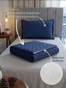 Single/Queen Double-Sided Bedspread Set With Sherpa Alaska 03 Pieces - Premium Soft Touch - 海軍藍 - 查看 6