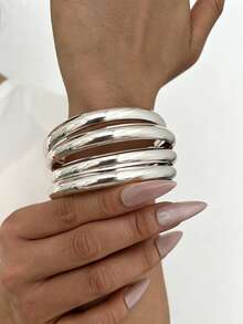 4pcs Vintage Exaggerated Luxurious Geometric Design Wide Metal Silver Bangle Set, Suitable For Daily Wear And Gift - Silver 4 - View 4