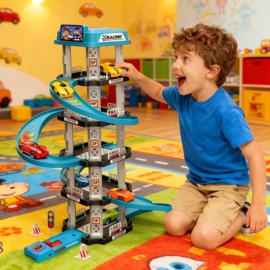 Multi-Layer Racing Track With Helicopter Landing Pad, Includes 2 Cars, Launcher, Drift Track - 5-Layer DIY Assembly Toy, Suitable For Boys And Girls, Challenging Construction, Birthday/Christmas Gift, Parent-Child Racing Activity (Track) - Multicolor - View 1