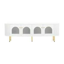 Low TV Unit With Glass Doors, Practical Storage Unit For The Living Room, Gold Handles And Legs - White - View 7