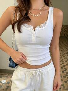 DODOMI Camisola de punto acanalado con botones para mujer, sexy, cuello cuadrado, sin mangas, con ribete de encaje, casual, blanca, de verano - Blanco - Ver 4