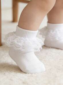 1 Đôi Tất Bé Gái Phong Cách Công Chúa Bằng Cotton Mỏng Mềm Thoáng Khí Có Nơ Rỗng Ren - trắng - Xem 3