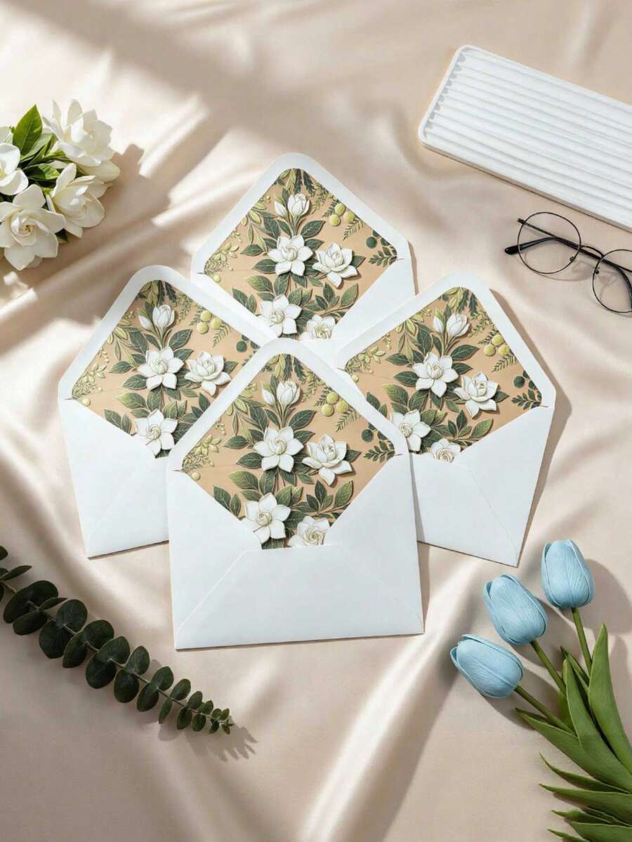 10pcs/30pcs - Minimalist Fashion White Gardenia Envelopes, Botanical Pattern Envelopes, Fresh Floral Envelopes, Greeting Card Postcard Envelopes, Suitable For Weddings, Invitations, Birthday Parties, Anniversaries, Holidays, Invitations And More - Gardenia Envelope - View 1