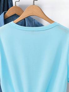 Playera cómoda de manga corta para mujer, diseño holgado con estampado de flores y colibríes, ideal para exteriores, transferencia térmica creativa, tallas XS a XXL - Azul claro - Ver 4