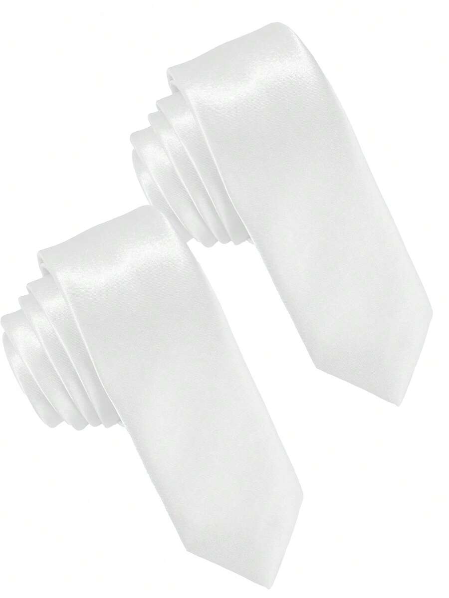 2pcs Men's Solid Color Tie, Business Formal Narrow Tie (5cm) - 2pcs White - View 1