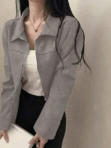 女士休闲纯色仿麂皮绒领拉链短外套，春秋冬季 - 灰色 - 查看 5