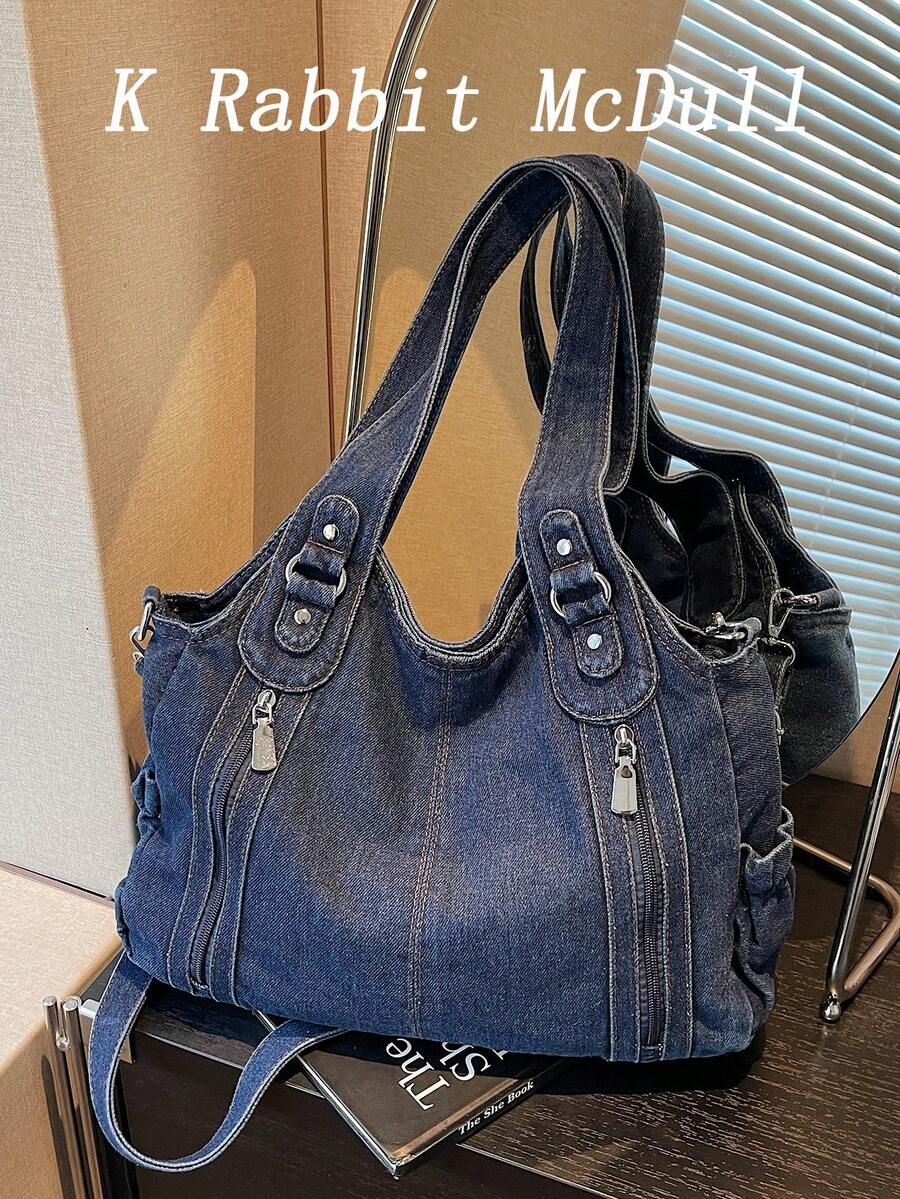 新款休閒時尚水洗牛仔大容量托特包，女款復古百搭通勤單肩斜背包，適合通勤與購物