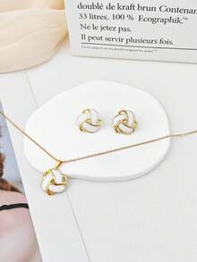Premium Geometric Enamel Earrings & Necklace Set, Crafted From High-Quality Hypoallergenic Stainless Steel. Women's Wedding And Coming-Of-Age Gift - Multicolor - View 3