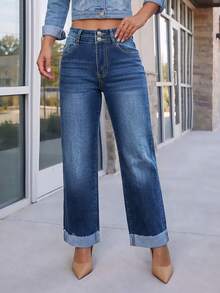 Jeans a vita alta con doppio bottone e gamba ampia per donne, design vintage con orlo arrotolato, jeans dad elasticizzati e larghi a gamba dritta, blu navy casual - Blu lavato scuro - Visualizzare 3