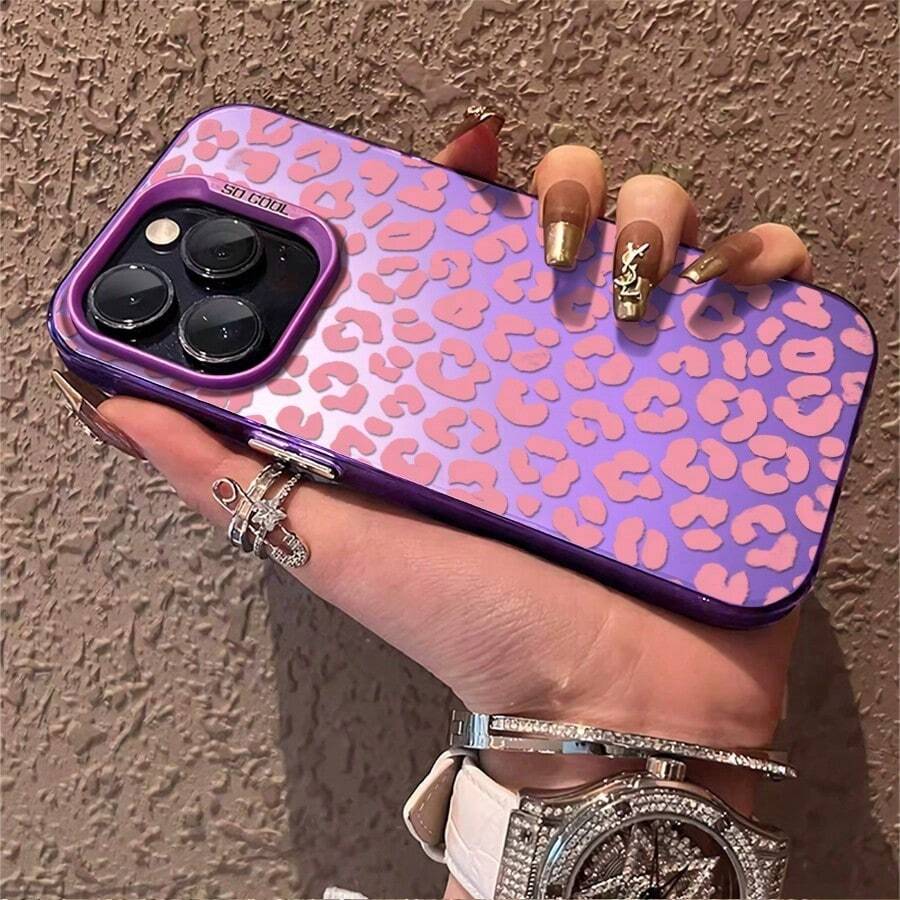 1 Stylish Phone Case (Lanyard And Stand Not Included). 1 Pink Leopard Print Heart Design Phone Case, Compatible With IPhone 17, Pro Max, 16, 15, 14, 13, 12, 11, Pro Max, Pro, XS, XS, X, 7 Plus, And 8 Plus. Shockproof Silicone, Feminine Vintage Style, Cute And Fashionable. Makes A Great Gift For Friends Or Loved Ones. - 紫色 - 查看 1
