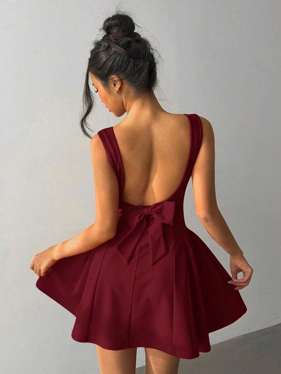 de moda sin mangas con cuello cuadrado y decoración de lazo de unicolor para mujer - Burdeos - Ver 1