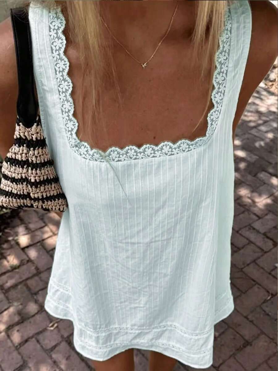 1 pieza Vestido mini elegante de unicolor con encaje de tela tejida y volante en el bajo, vestido de playa para mujer para primavera/verano - Azul menta - Ver 1