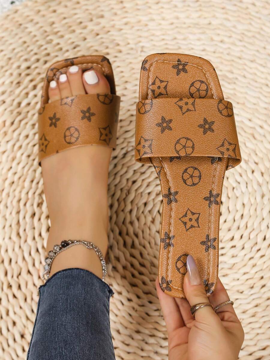 Women's Designer Style All-Over Print Open Toe Slides, Soft Faux Leather Casual Summer Outdoor Shoes - Camel - View 1