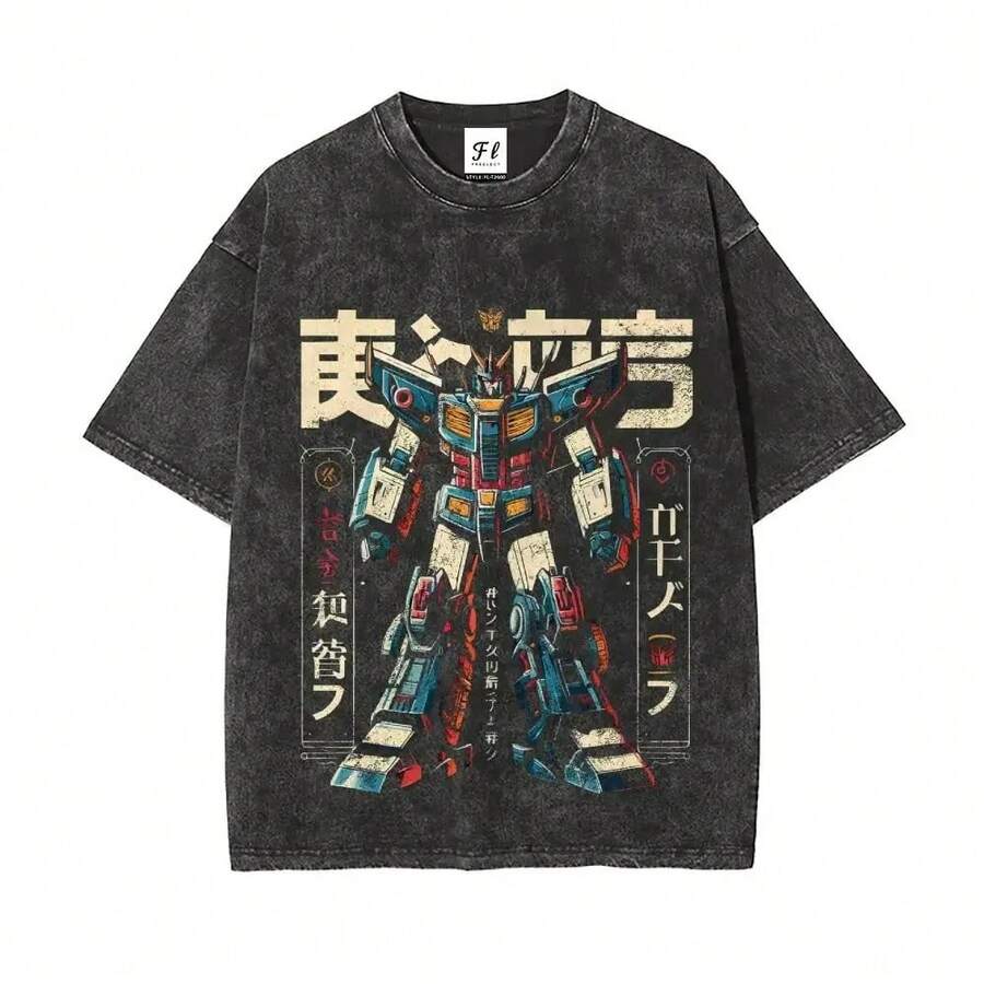 Vintage Washed T-Shirt, Thick Cotton With Double Graphic Illustrative Print, Unisex Cut, Variety Of Sizes, Casual Garment, Urban Fashion, Manga Style - 黑色 - 查看 1