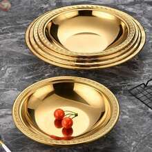 Gold-Plated Stainless Steel Dinner Plate With Embossed Greek Pattern Rim, Round Deep Soup And Salad Serving Bowl, Luxury Tableware For Wedding Banquets, Family Gatherings And Banquet Decoration - View 1