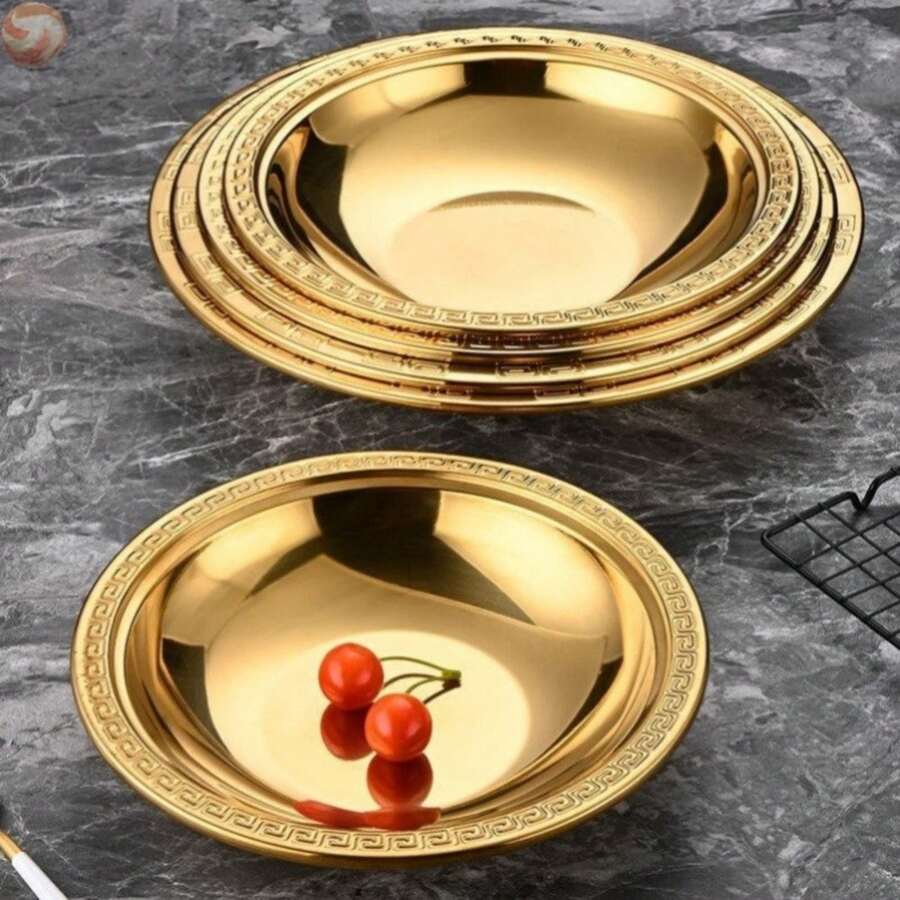 Gold-Plated Stainless Steel Dinner Plate With Embossed Greek Pattern Rim, Round Deep Soup And Salad Serving Bowl, Luxury Tableware For Wedding Banquets, Family Gatherings And Banquet Decoration - View 1