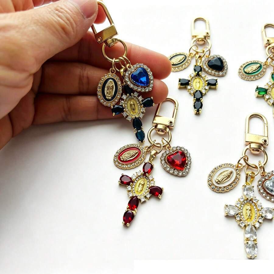 Viking Mary Copper Micro-Inlaid Zirconia Cross Keychain Backpack Charm Cross Elegant Keychain Gift For Mom And Best Friend - Multicolor - View 1