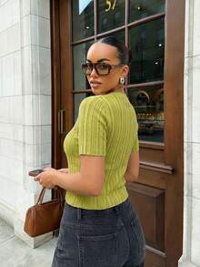 Cardigan Rajut Lengan Pendek Leher Bulat Motif Garis-garis Colorblock Y2K untuk Wanita, Cardigan Kasual Elegan untuk Perjalanan Sehari-hari ke Kantor/Kampus, Musim Semi/Panas - Mustard Yellow - View 9