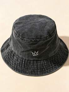 1pc Vintage Washed Bucket Hat, Minimalist Crown Embroidered Sun Hat, Unisex Casual Outdoor Bucket Hat - A - View 11