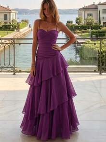 Women's Elegant Asymmetrical Ruffle Strap Dress, Versatile Design Suitable For Party, Beach, Vacation In Summer Wedding - Purple - View 7