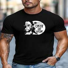 Men's Casual Short-Sleeved T-Shirt With Hanuman God Design And Hindi Text, Spiritual And Cultural Style, Comfortable And Loose Fit, Ideal For Those Who Appreciate Hindu Culture. - 黑色 - 查看 2