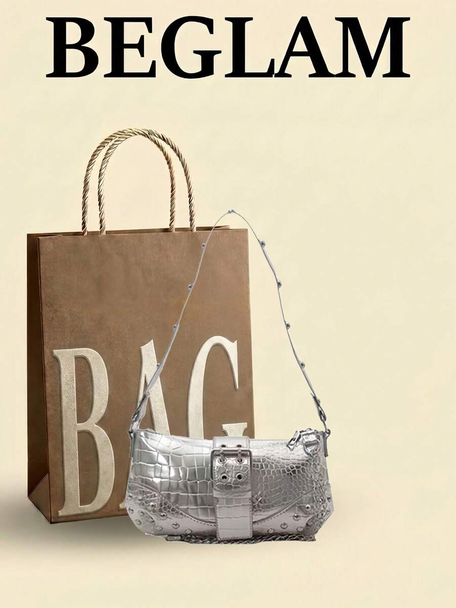 Bolso cruzado, de hombro y de mano de mujer de estilo gótico personalizado con remaches y cadena, bolso de hombro de unicolor con remaches y cadena - Plateado - Ver 1