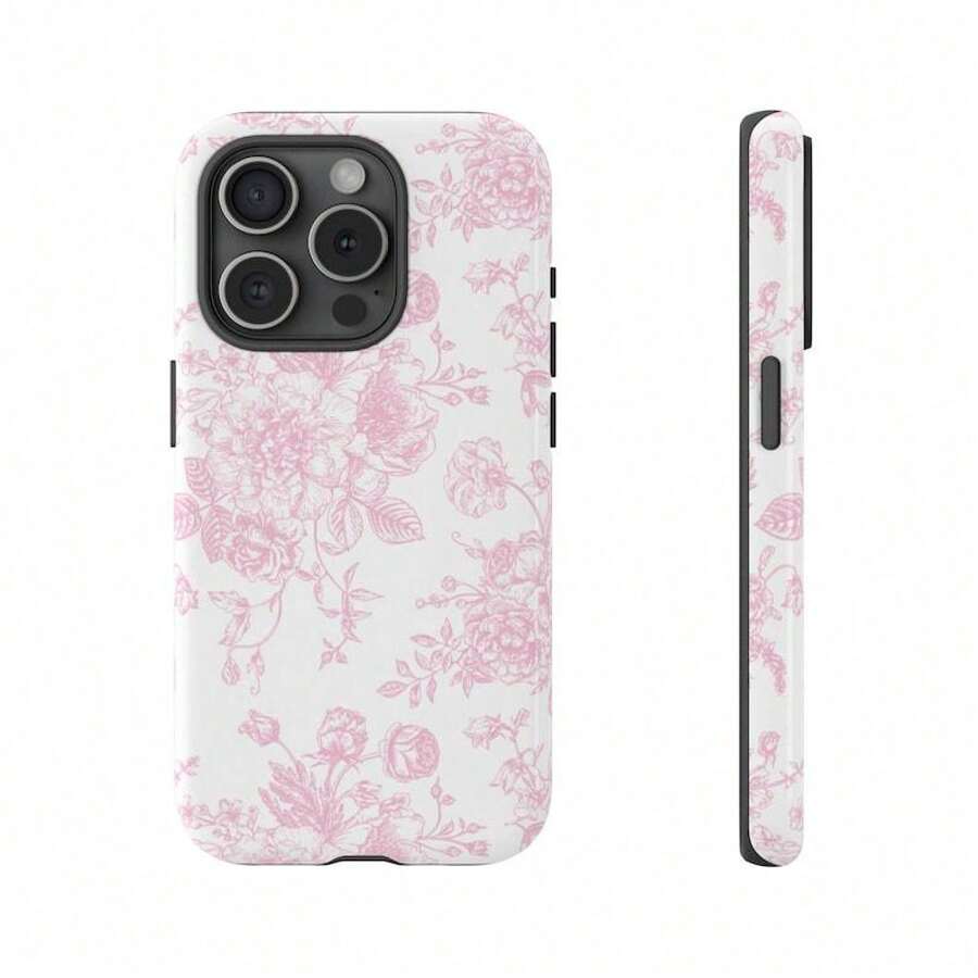 Una funda elegante para teléfono no incluye un cordón ni un soporte. 1 funda resistente para teléfono con diseño floral francés Toile De Jouy, en rosa claro y blanco, para 15Pro, 14, 13, 12, 11, 8, XR, Pro, Plus. Accesorios de protección con diseño floral. - Blanco - Ver 1
