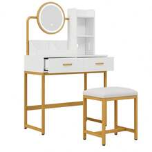 Modern Dressing Table / Fashionable Dressing Table / Rotating Mirror – Incl. Stool & Gold Metal Legs / Plenty Of Storage Space: 2 Drawers + 2 Open Shelves / White, Dimensions: 80*138.5*40 Cm - White+Gold - 查看 9