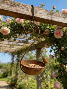 Vintage Distressed Iron Hanging Bird Feeder, Outdoor Garden Yard Bird Water Bowl Bird Bath, Hanging Bird Feeder, Vintage Iron Bird Water Bowl, Attract Wild Birds Yard Decor - A - View 1