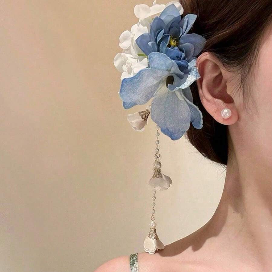女款優雅甜美清新度假風珍珠流蘇藍色花朵髮夾,適合日常使用、居家、學校、海灘、辦公室、派對、假期、生日、返校、新年、情人節、母親節、聖誕節、婚禮、音樂節、畢業季,春夏款抓夾 - 淺藍色 - 查看 1