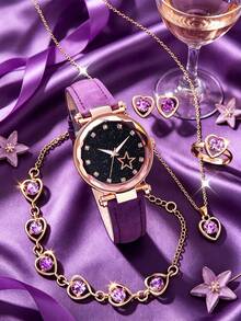 1pc Girls Purple Cartoon Star & Number Pattern Wristwatch And 5pcs Heart Rhinestone Decor Jewelry Set Gift - Purple - View 6