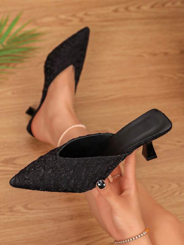 1 Pair Women's Black Pleated Textured Pointed Toe Slip-On Mule High Heel Sandals, Elegant Summer New Design