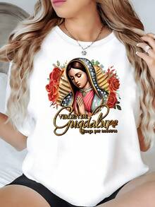 Figura colorida de la Virgen de Guadalupe rodeada de rosas y mensaje espiritual camiseta de mujer casual cómoda para uso diario y ocasiones especiales - Blanco - Ver 1