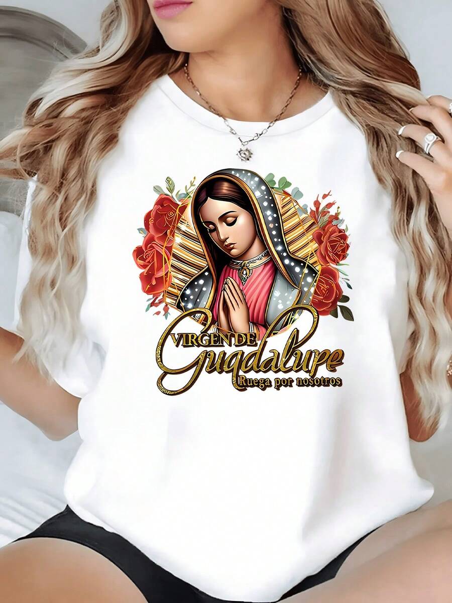 Figura colorida de la Virgen de Guadalupe rodeada de rosas y mensaje espiritual camiseta de mujer casual cómoda para uso diario y ocasiones especiales - Blanco - Ver 1