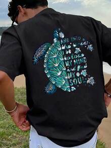 Plus Size Men's Beach Vacation Style Turtle Print T-Shirt, Regular Casual Ocean Theme Short Sleeve Top, Streetwear, Youthful, Minimalist, Campus, Retro, Versatile, Textured, Elegant, Personalized, Sports - Black - View 1