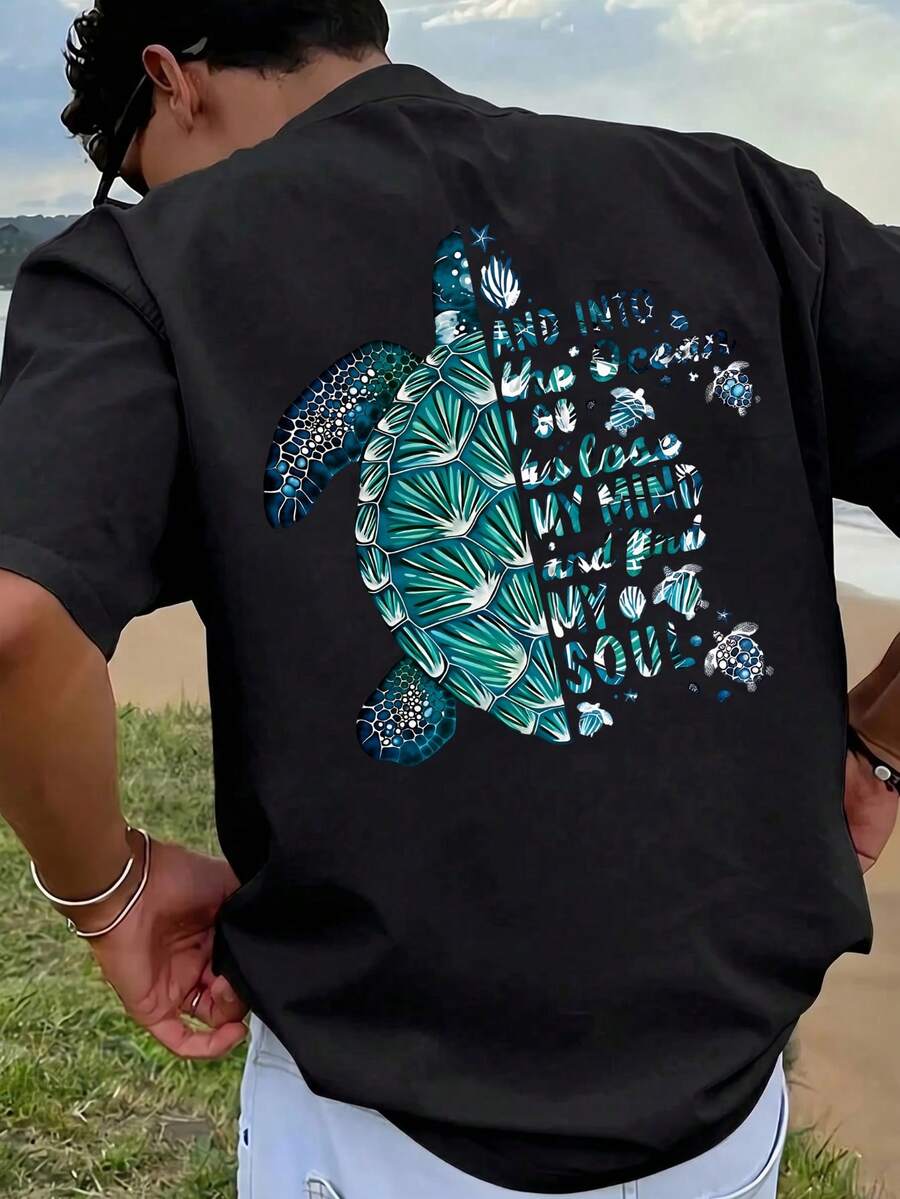 Plus Size Men's Beach Vacation Style Turtle Print T-Shirt, Regular Casual Ocean Theme Short Sleeve Top, Streetwear, Youthful, Minimalist, Campus, Retro, Versatile, Textured, Elegant, Personalized, Sports - Black - View 1