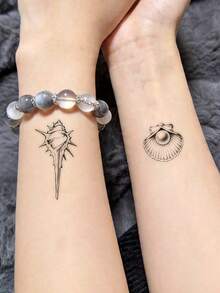 1pc Black And White Line Drawing Fishbone, Beyond Flower Shell And Conch Combined Pattern Temporary Tattoo Sticker, With Realistic Tattoo Design. Suitable For Travel, Music Festivals, Games, Graduation Gifts. Lasts For 3-5 Days. - Black - View 6