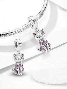 1pc 925 Sterling Silver Fully Paved Cat Beaded Pendant, Suitable For DIY Jewelry, Daily Outfit Decoration, Women Gift - Kitten - View 4