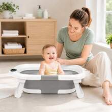 Foldable Baby Bathtub, Suitable For Newborns To Infants Aged 0-12 Months, Comes With A Soft Cushion And Thermometer,Portable Travel Baby Tub For New - 灰色 - 查看 6