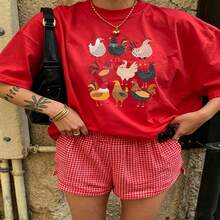 Cute Daily Casual Graphic T-Shirt 100% Cotton Oversized Soft Breathable Casual Crewneck Short Sleeve Top Aesthetic Daily Fashion Lovers Casual Wearers Gift Givers  Basic - 紅色 - 查看 18
