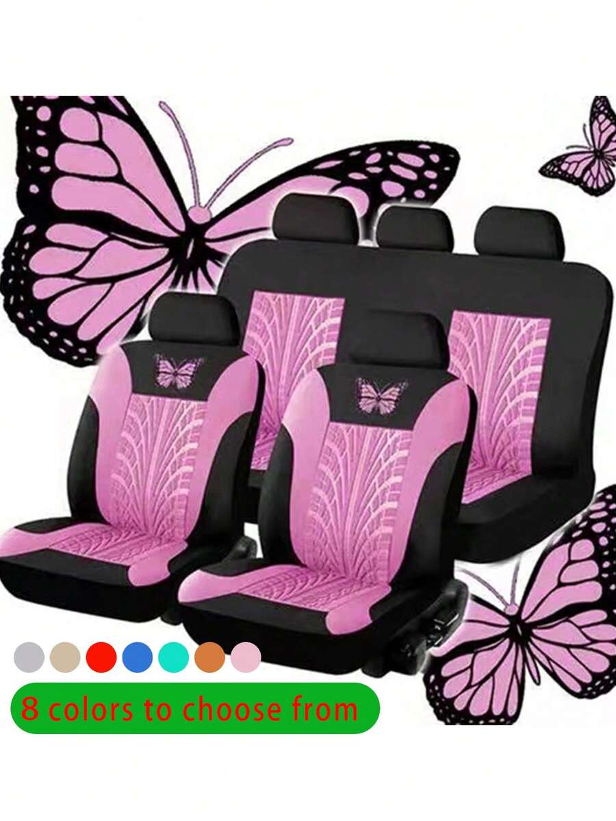 9pcs/4pcs Universal Butterfly Pattern Embroidered Car Seat Covers - Polyester Fabric, All Seasons Applicable, Airbag Compatible, Hand Washable - Suitable For Sedans, 4pcs Set Includes 2 Seats & 9pcs Set Includes 5 Seats Options)