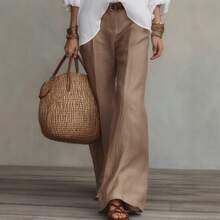 2026 Soft Lightweight White Imitation Linen Blouse Sand Brown Wide Leg Pants Two Piece Casual Set Hustle&Haze - Apricot - View 4